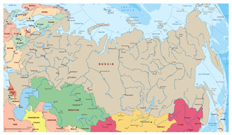 Подробная политическая карта России на английском языке.