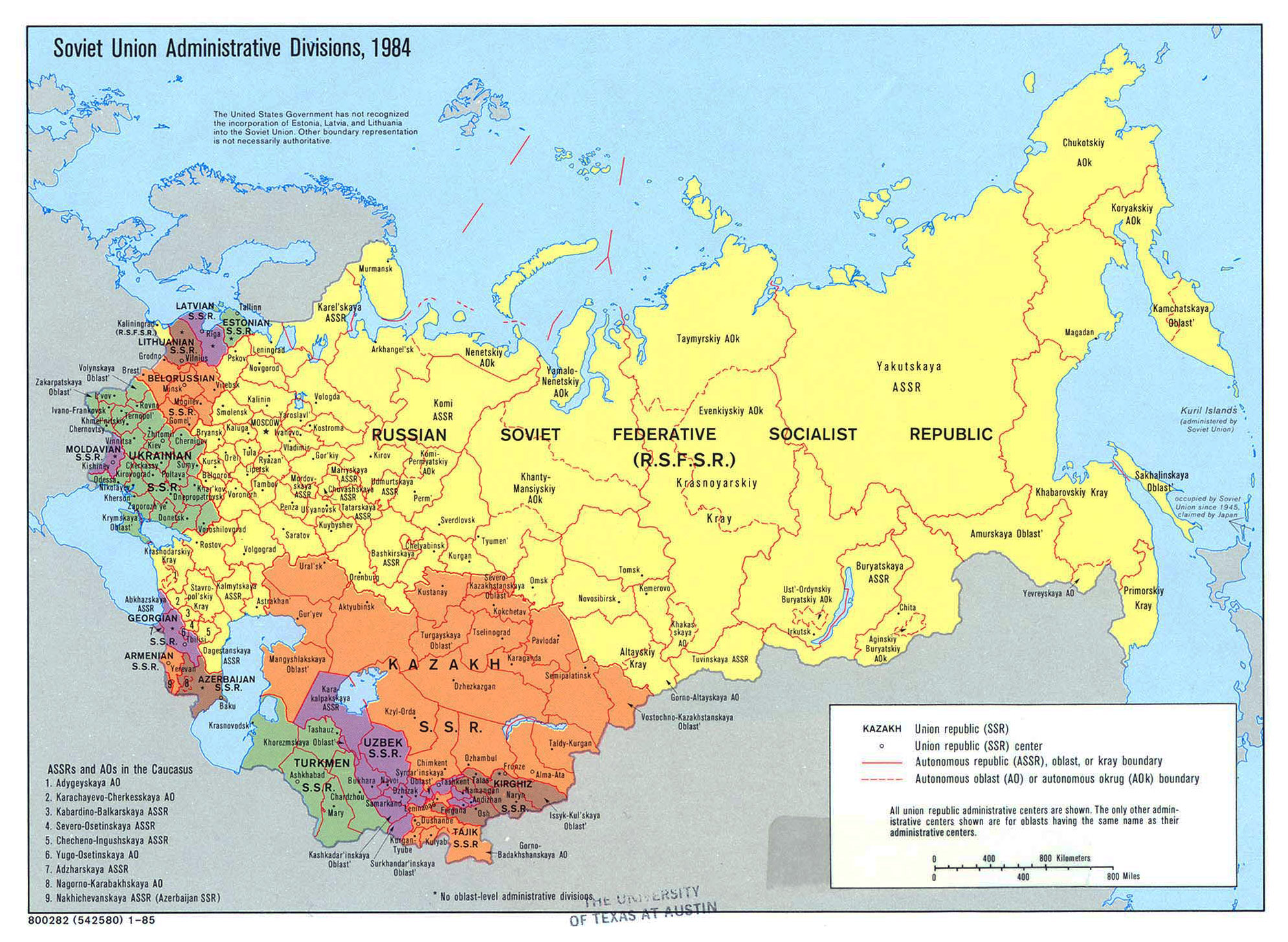 Большая административно-территориальная карта Советского Союза - 1985-гогода