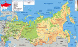Большая физическая карта России с дорогами, городами и аэропортами на английском языке.