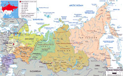 Большая политико-административная карта России с дорогами, городами и аэропортами на английском языке.