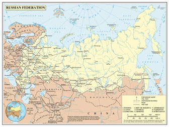 Большая политическая карта Российской Федерации на английском языке.