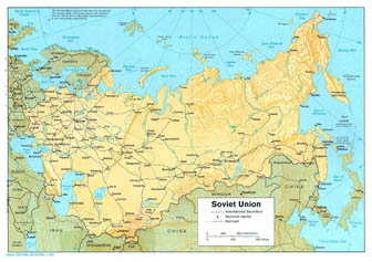 Большая политическая карта СССР с рельефом на английском языке - 1986-го года.