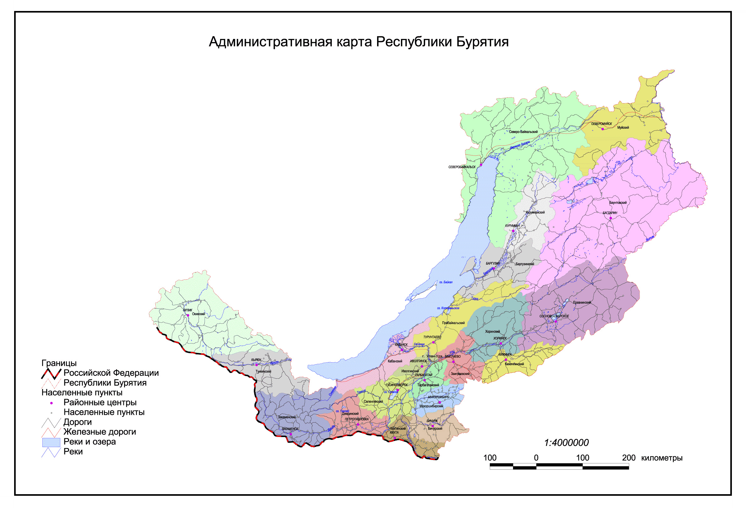 Большая подробная административная карта республики Бурятия.Административная карта Бурятии