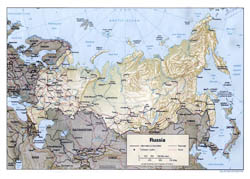 Политическая карта России с рельефом, дорогами и крупными городами на английском языке - 1994.