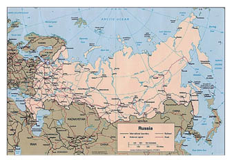 Политическая карта России с дорогами и крупными городами на английском языке - 1994.